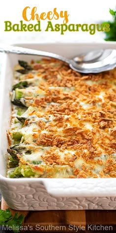 a casserole dish with cheese and baked asparagus