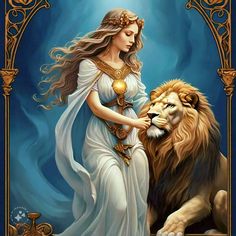 a painting of a woman and a lion