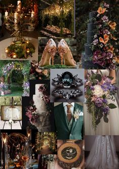 a collage of wedding photos with flowers and candles