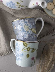 Heritage Midnight Pinstripe Set of 4 Mugs (10 oz.) - Laura Ashley Unglazed Porcelain, Pinstriping Designs, Tea Break, China Mugs, Vintage Floral Print, Tableware Set, Dinner Sets, Fine Porcelain, Laura Ashley