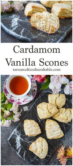 Cardamom Vanilla Scones on a marble board next to flowers and a cup of tea. Recipes That Use Cardamom, Fresh Vanilla Bean Recipes, Recipes With Cardamom Spices, Recipes Using Vanilla Bean Paste, Chai Scones, Cardamom Scones, Cardamom Muffins