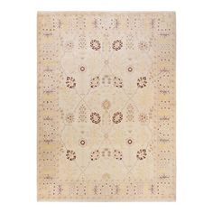 a beige rug with an intricate design on the top and bottom, in different colors