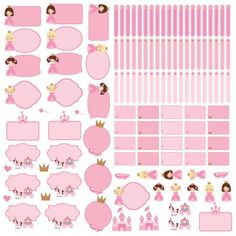 the pink princess planner stickers are shown in various shapes and sizes, including pencils