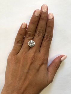 a woman's hand with a diamond ring on her left hand, against a white background