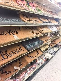 several shelves with different types of signs on them