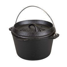 the cast iron dutch oven is shown with an open lid and handle on it's side