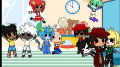 cartoon characters standing in front of a wall with clocks