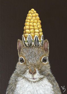 a painting of a squirrel wearing a corn on the cob hat