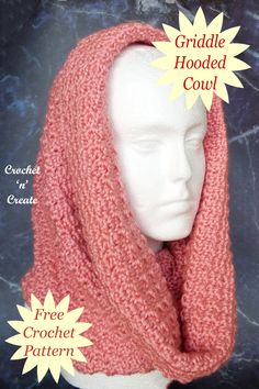 a white mannequin head wearing a pink knitted cowl with the text, free crochet pattern