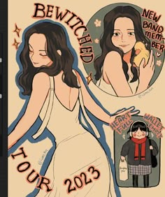 a drawing of a woman in a white dress with her hand on her hip and the words bewiked tour 2013 written below