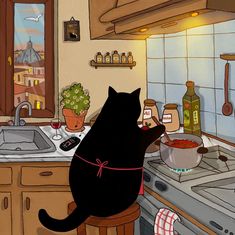 a black cat sitting on top of a kitchen counter next to a potted plant