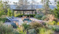 an outdoor swimming pool surrounded by trees and plants with lounge chairs in the foreground