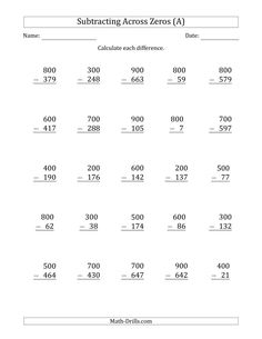 the subtraction across zeros worksheet is shown in black and white