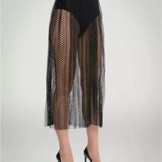 New Wolford Fading Net Midi Skirt Black Pleated Mesh Elastic Waist Nwt $370.00 Original Price Beautifully Detailed Mesh And Net Pleated Skirt With Elastic Waistband 2" Wide Size S All Measurements Are Taken Flat Across And Are Approximate Waist 14" Length 34" 100% Polyester Machine Wash Chic Sheer Mini Skirt, Summer Fishnet Bottoms, Sheer Mini Skirt For Night Out, Spring Evening Skirt Bottoms, High Waist Sheer Skirt For Summer, Chic Black Sheer Skirt, Summer Fishnet Bottoms For Night Out, Evening Sheer High-waist Bottoms, Stretch Pleated Skirt Bottoms For Club