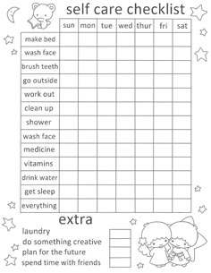 the printable self care checklist for kids is shown in black and white with stars