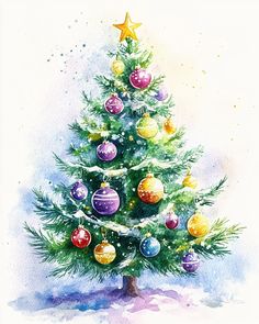 a watercolor painting of a christmas tree