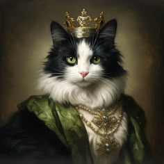 a black and white cat wearing a green dress with a gold crown on it's head