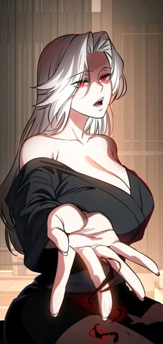 a woman with white hair and red eyes is holding her hand out to the side