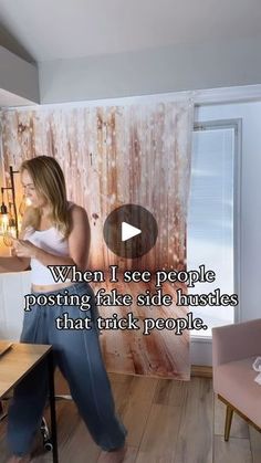 a woman standing in front of a wall with the words when i see people posting fake side instagrams that trick people