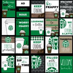 many different starbucks items are arranged in the shape of square tiles with words that read welcome to starbucks