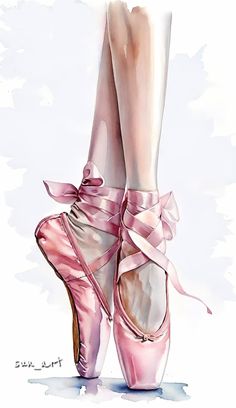 a watercolor painting of a ballerina's feet with pink satin ribbons on them