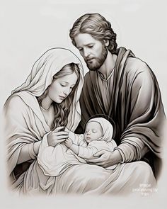 a black and white drawing of jesus holding a baby