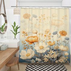 a bathroom with a shower curtain decorated with flowers and plants on the outside, along with a checkered rug