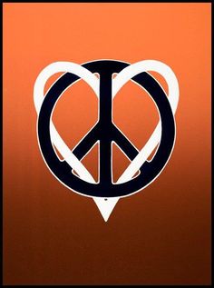 a peace sign is shown in the middle of an orange and black background with white letters