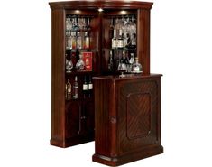 an armoire with liquor bottles and glasses on it's doors, in front of a white background