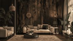 a living room with wood paneling and couches, coffee table and lamp on the floor