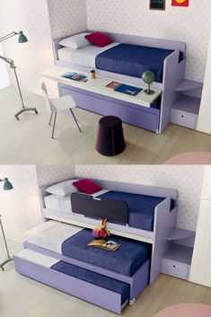 two pictures of a bunk bed with a desk underneath it, and the bottom one has a book shelf on top