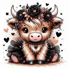 a cute little cow with flowers on its head and hearts around it's neck