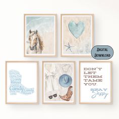 four framed art prints on a wall with the words, don't let them tame you