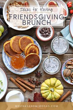 a table full of food with the words friends giving brunch