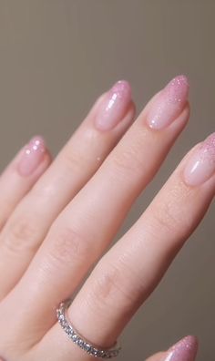 Subtle Pink Glitter Nails, Pink Aesthetic Nails Short, Pink Shimmer Almond Nails, Soft Pink Almond Nails Glitter, Sheer Sparkly Pink Nails, Pink Glitter Aesthetic Nails, Sparkly Ombre Nails, Valentine Nails, Ombre Gel Nails