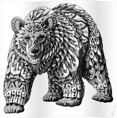 a black and white drawing of a bear with intricate designs on it's body