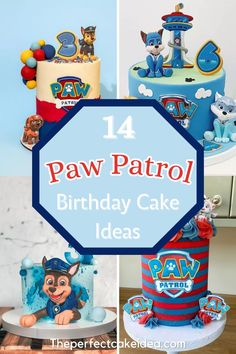 the birthday cake is decorated with paw patrol images