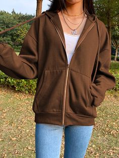 BIG PROMOTION brown black Y2K zipper sweatshirt winter coat jacket super Dalian hat retro pocket Aesthetic Hoodies, Brown Y2k, Dalian, Y2k Aesthetic Outfits, Plus Size Vintage, Cardigan Shirt, Brown Jacket, Solid Clothes, Fall Jackets