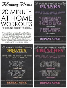 the 20 minute at home workout plan is shown in three different colors and font options