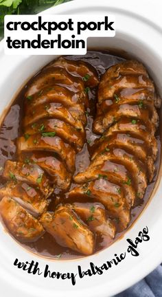 This Slow Cooker Pork Tenderloin is covered in an easy garlic herb rub and drizzled with a honey balsamic glaze! It's made with minimal effort, maximum flavor and is so unbelievably tender. #dinner #recipe #pork #crockpot | slow cooker recipes | crockpot recipes | slow cooker pork recipes | crockpot pork tenderloin | pork tenderloin recipes | easy dinner ideas Pork Tenderloin Recipes Easy, Slow Cooker Pork Recipes, Tenderloin Recipes Crockpot, Tenderloin Pork, Honey Balsamic Glaze, Balsamic Glaze Recipes, Crockpot Pork Tenderloin