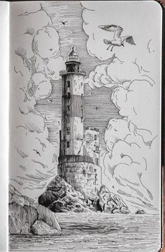 a drawing of a lighthouse in the ocean