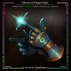 Magical Gloves Art, Dnd Cyberpunk Items, Fantasy Gadgets, Fantasy Items Art, Fantasy Gloves, Magical Academy, Loot Tavern, Dnd Items, D D Items