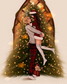 a couple hugging in front of a christmas tree