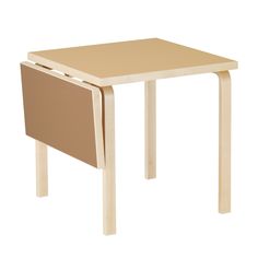 a small wooden table with an open drawer at the bottom and one section missing from it