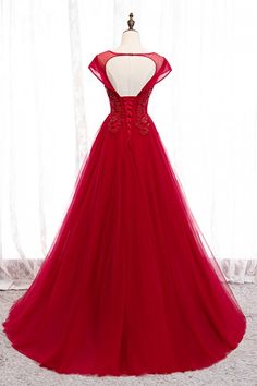 Burgundy Flowy Long Tulle Ballgown Formal Dress With Cap Sleeves - $129.89 #MYS79018 - SheProm.com Graduation Dresses For 8th Grade Long, Formal A-line Tulle Ball Gown, Tulle Gown With Sweep Train For Banquet, Formal Tulle Bridesmaid Dress With Sweep Train, Formal Floor-length Tulle Bridesmaid Dress, Tulle Gown For Wedding And Party Season, Formal A-line Tulle Gown, Fitted Dresses For Debutante Ball Party Season, Fitted Tulle Ball Gown For Formal Occasions