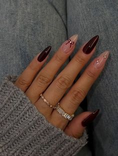 Almond Shape Maroon Nails, Prom Nails For Burgundy Dress, Elegant Nails Burgundy, Almond Nail Length Chart, Maroon Nails Prom, Plum Acrylic Nails Design, Plum Nail Ideas, Solid Color Nails For Fall, Dark Feminine Nails Design