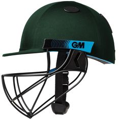 a green helmet with the word gm on it's side and a blue stripe around the brim