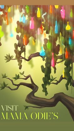 a tree with colorful bottles hanging from it's branches and the words visit mammaodie's