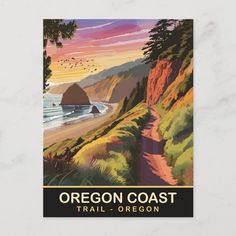 the oregon coast trail - oregon poster is displayed on a white surface with an orange and yellow background