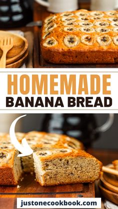 homemade banana bread is cut into slices and placed on a cutting board with the words, homemade banana bread